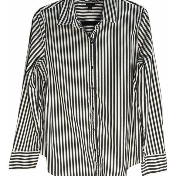 Worthington Button Up Collared Cuffed Long Sleeve Shirt Grey Black White Striped - Picture 13 of 16